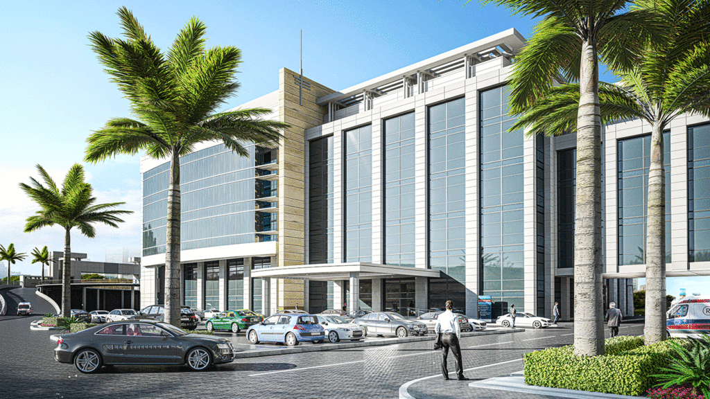 SKANDELLA-new-cairo-hospital-healthcare-general-hospital-under-construction-new-capital-egypt-render-back-fassade-architecture-morning