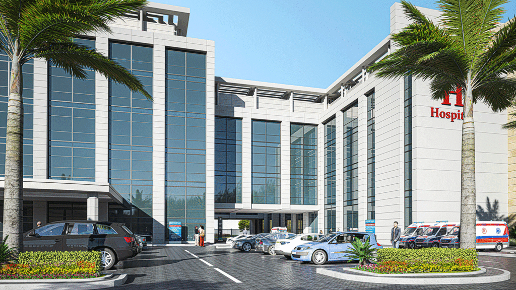 SKANDELLA-new-cairo-hospital-healthcare-general-hospital-under-construction-new-capital-egypt-render-back-fassade-architecture-morning-parking-lots