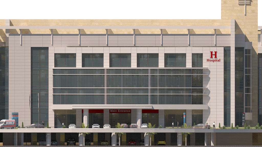 SKANDELLA-new-cairo-hospital-healthcare-general-hospital-under-construction-new-capital-egypt-render-main-fassade-architecture-morning-elevation