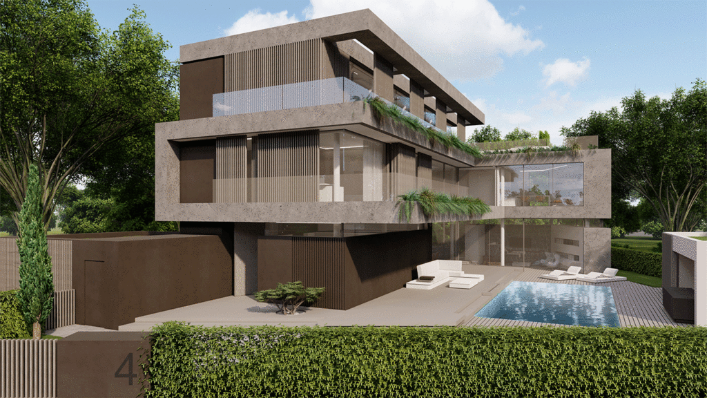 SKANDELLA-villa-cologne-II-cubic-structure-pool-landscape-render-plaster-wood-panels-back-elevation
