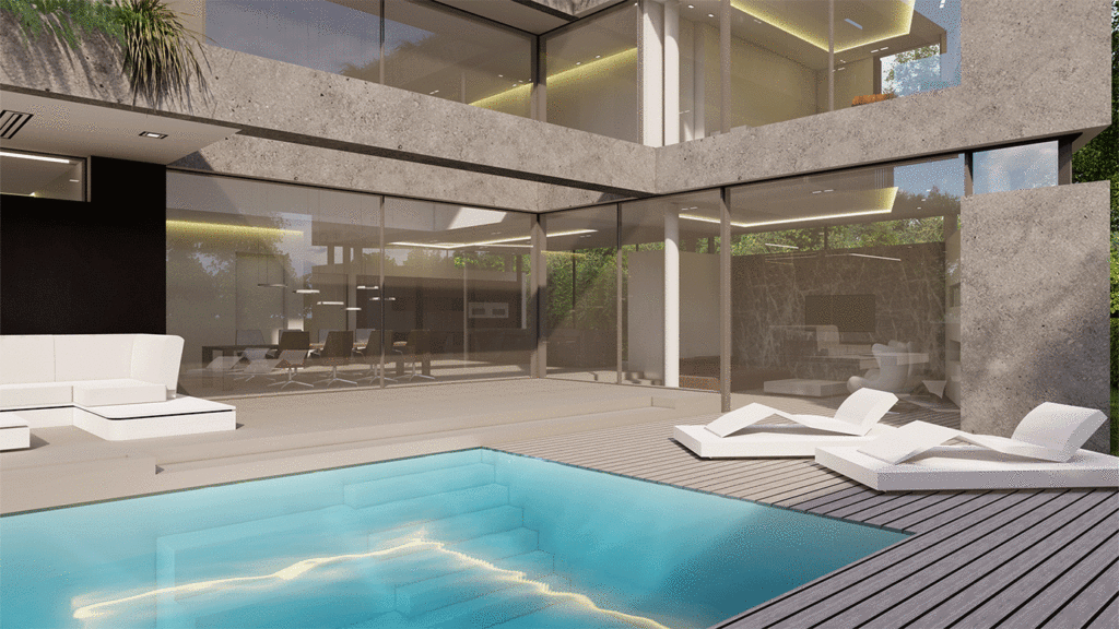 SKANDELLA-villa-cologne-II-cubic-structure-pool-landscape-render-plaster-wood-panels-back-elevation-cut-out-pool