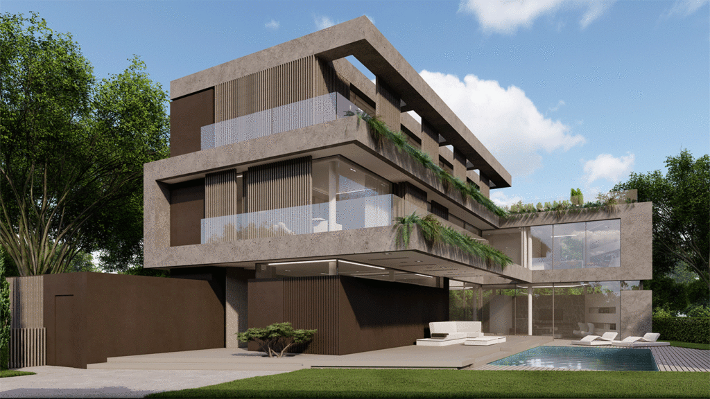 SKANDELLA-villa-cologne-II-cubic-structure-pool-landscape-render-plaster-wood-panels-back-elevation-side-shot