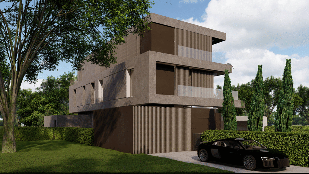 SKANDELLA-villa-cologne-II-cubic-structure-pool-landscape-render-plaster-wood-panels-back-elevation-side-shot-entrance-garage