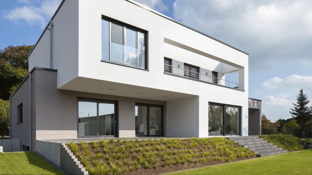 SKANDELLA-villa-roesrath-I-luxury-clear-lines-street-shot-main-fassade-white-grey-cubes-back-view-morning-step-design-landscape